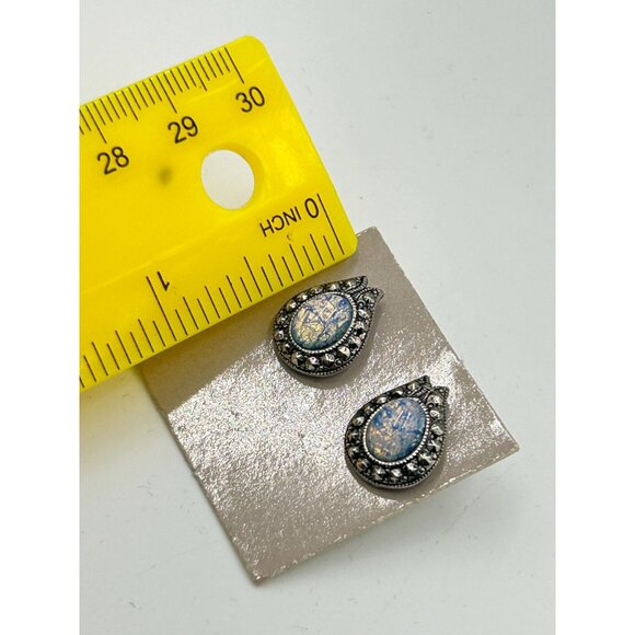 Vintage Earrings Opaline Art Glass Cabochon Studs with Ornate Silver Setting - Picture 6 of 6